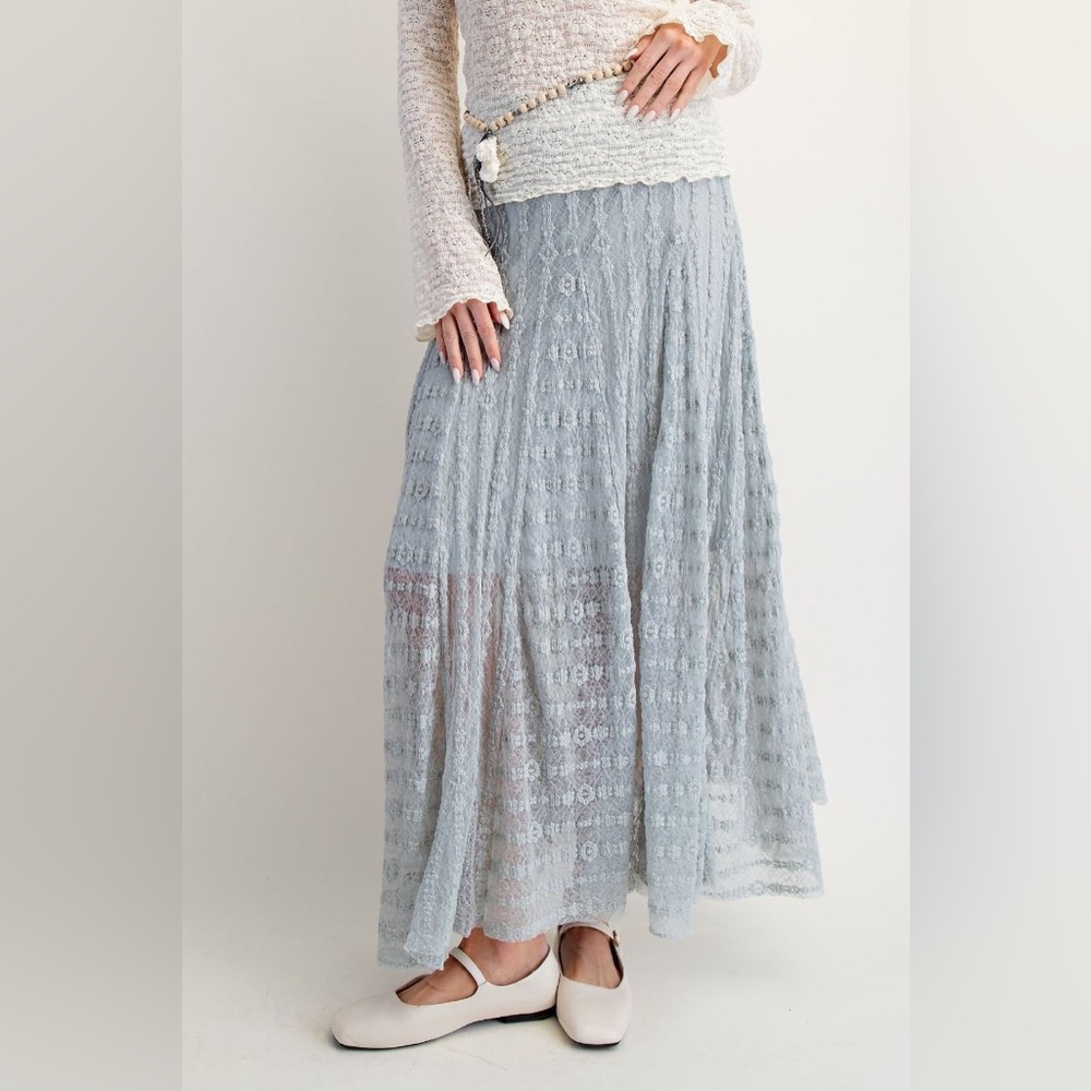 60% off-TAN Easel Los Angeles Lace Overlay Maxi Skirt | Elastic Waist | Lined